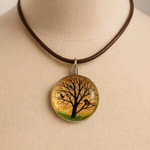 Tree of Life Round Resin Pendant Necklace Orange Blossom Jewelry -  Brown Cord